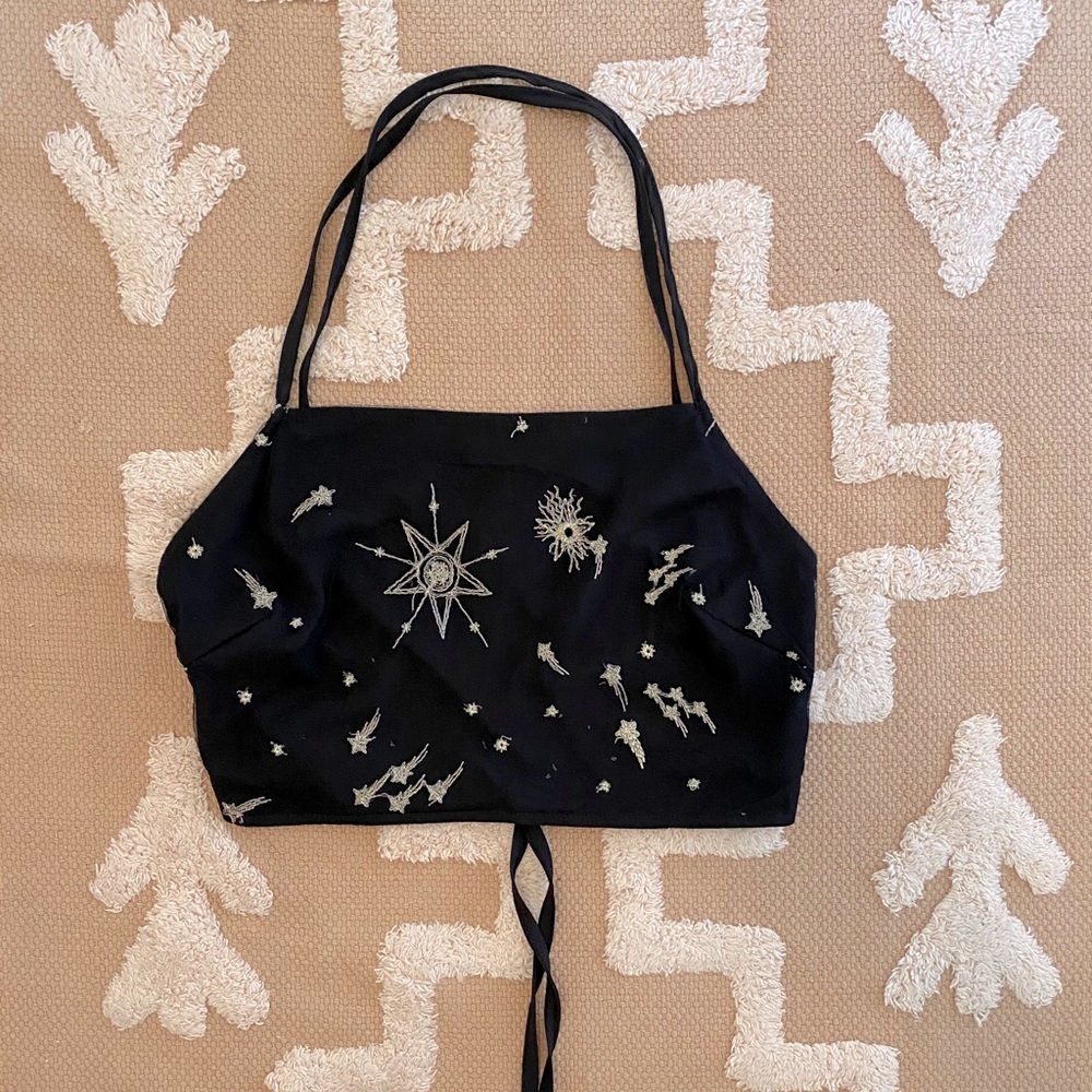 Embroider Mesh Overlay Crisscross Cami Top